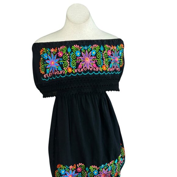 Mexican Black Embroidered Floral Off Shoulder Peasant Dress - Picture 2 of 9